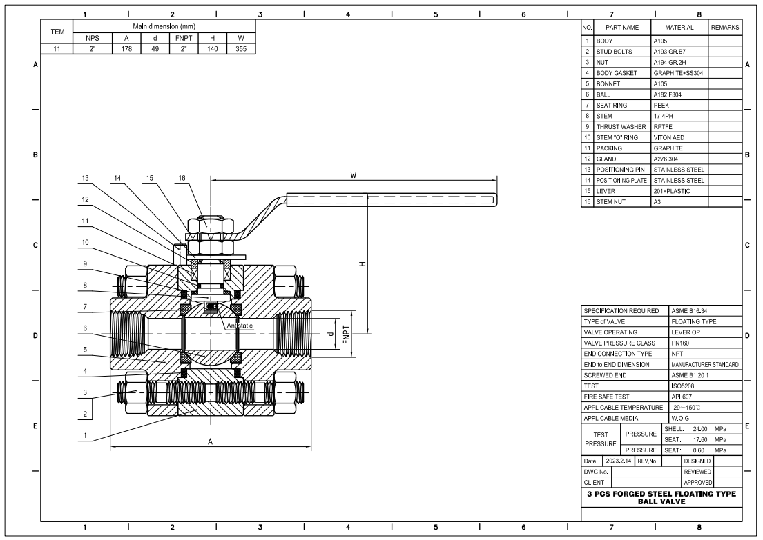 Technical Drawing of ASME B16.34 Full Bore Ball Valve Technical Drawing of ASME B16.34 Full Bore Ball Valve
