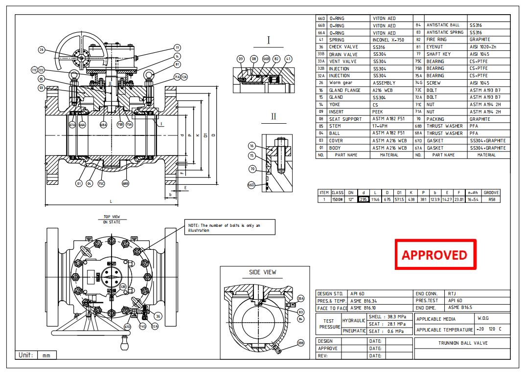 API6D, 12" 1500LB Top Entry Ball Valve, RTJ Connection, Body WCB, Turbine