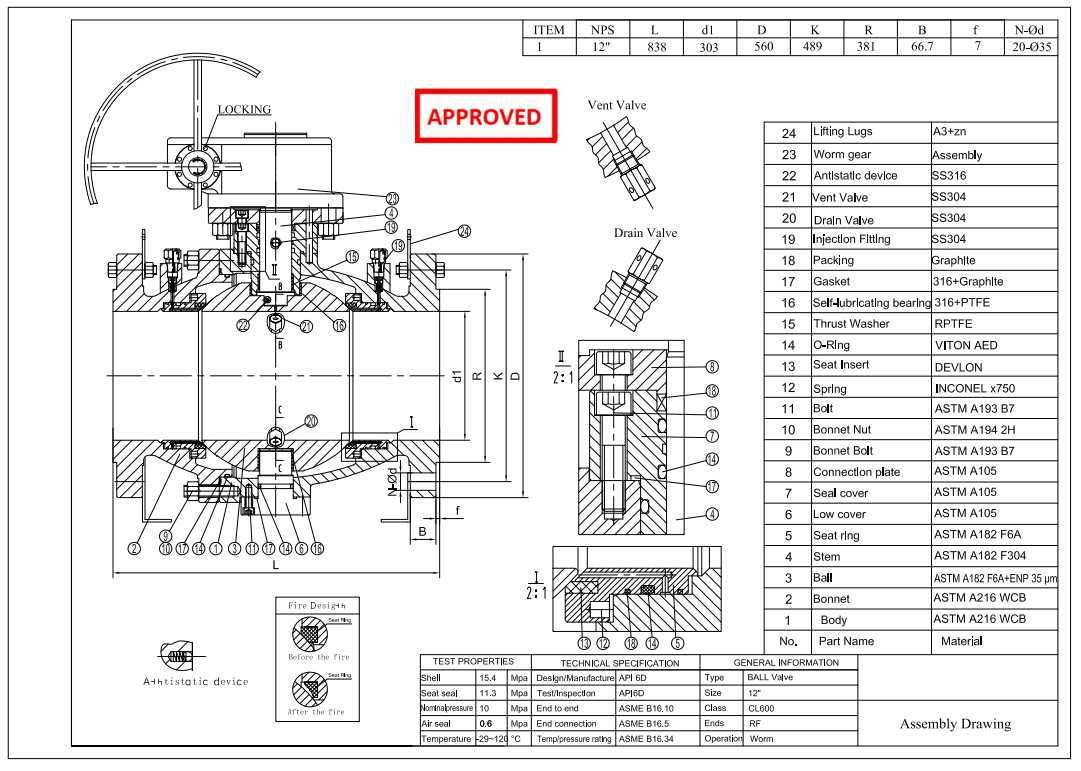 RF, 12" 600LB Trunnion Mounted Ball Valve, Body WCB, API6D