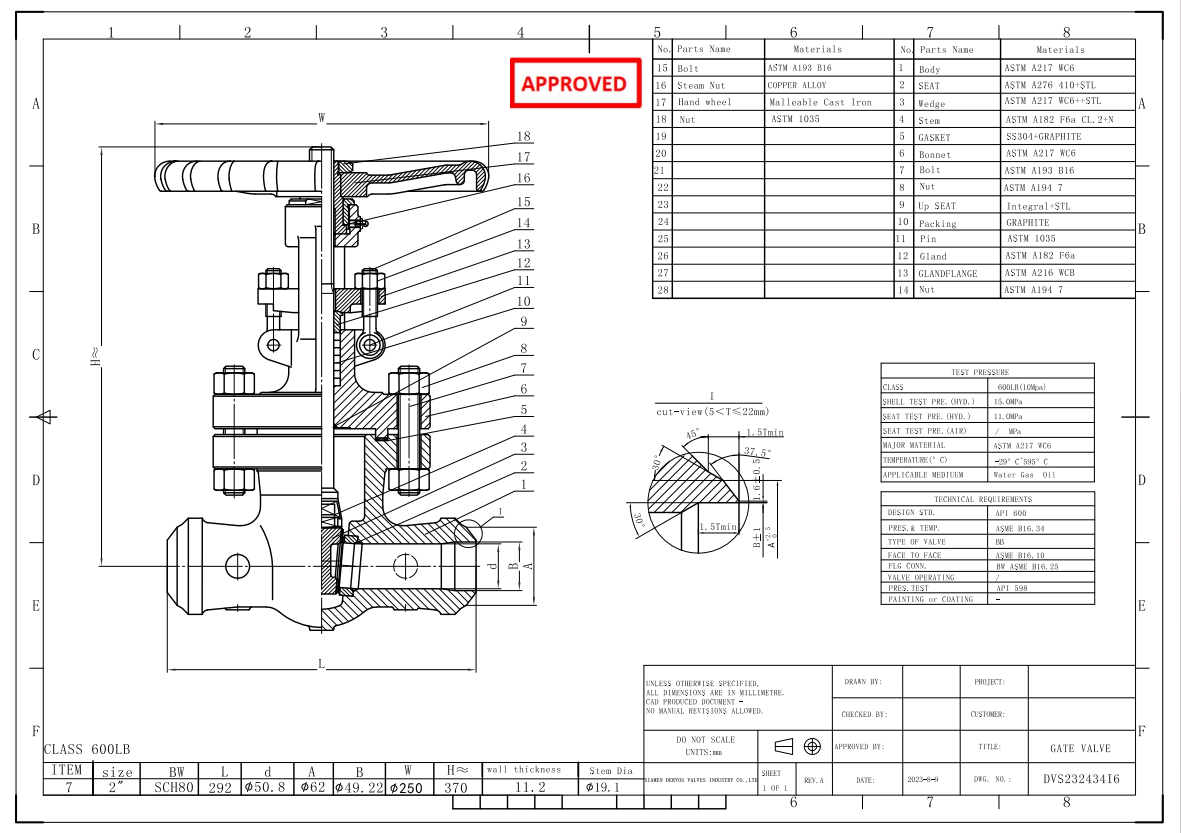 2" 600LB Alloy Steel Gate Valve WC6 BW SCH 80 API 600