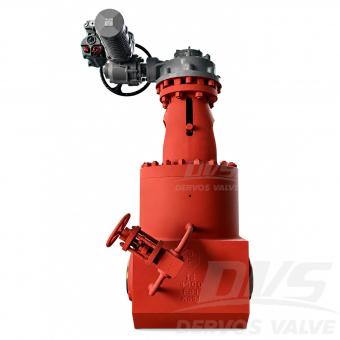 full view of the 14 inch Class 4500 F91 pressure seal gate valve with electric actuator.