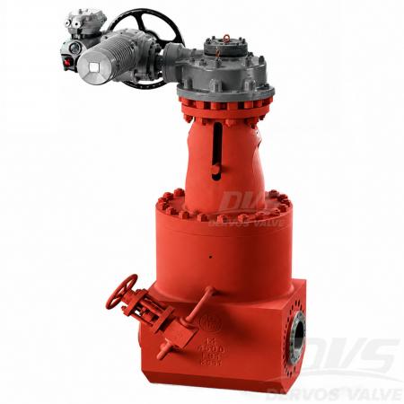 full view of the 14 inch Class 4500 F91 pressure seal gate valve with electric actuator.