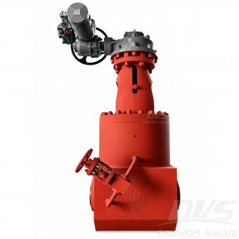 full view of the 14 inch Class 4500 F91 pressure seal gate valve with electric actuator.